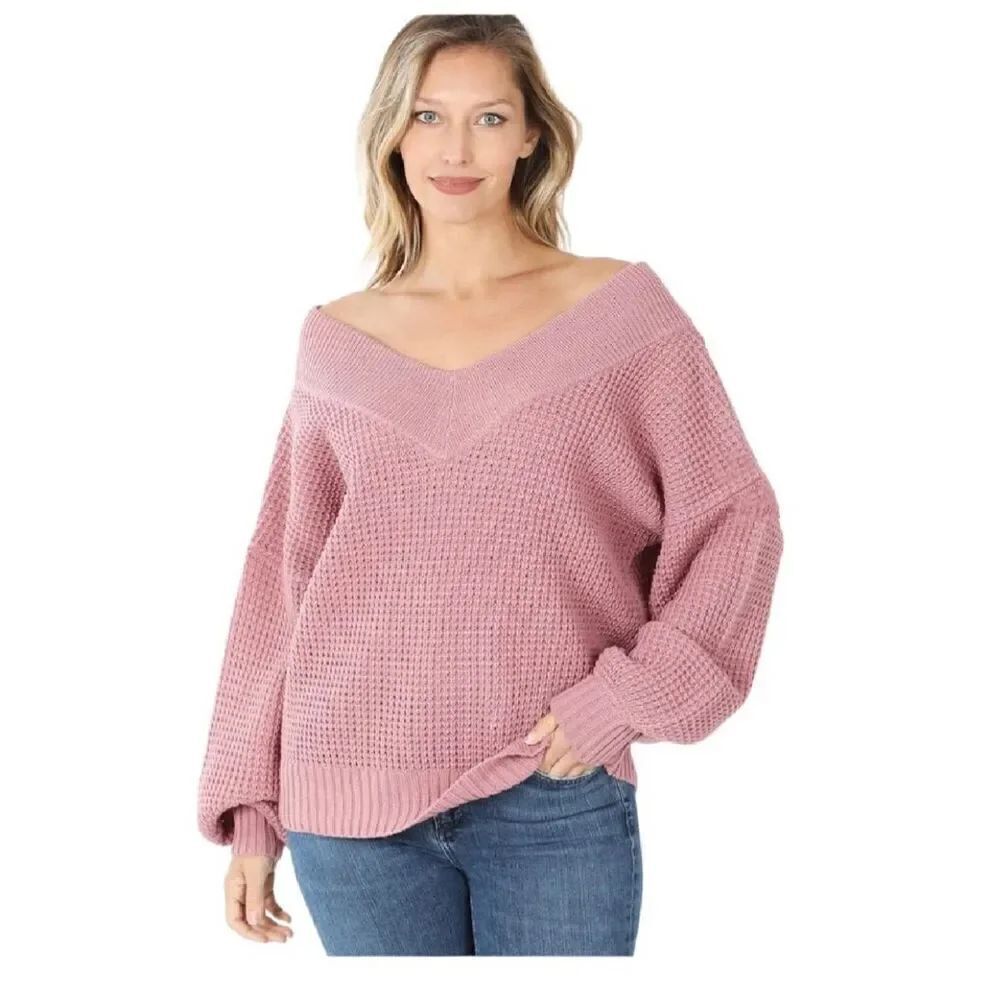 Womens Zenana Blush Oversized Crocheted Wide-neck Sweater - Sz S